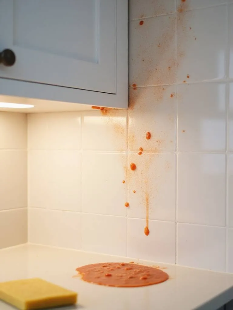 Washable vinyl wallpaper in a kitchen with tomato sauce being wiped off.