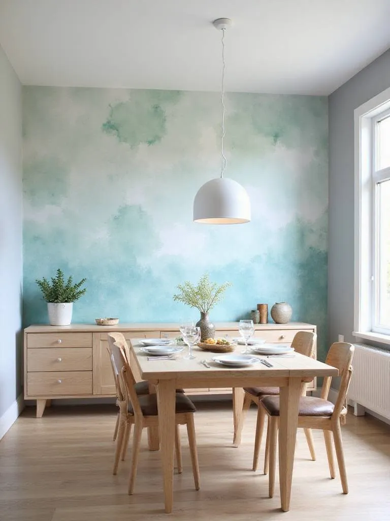 Dining room with watercolor wallpaper accent wall in light blue and green.