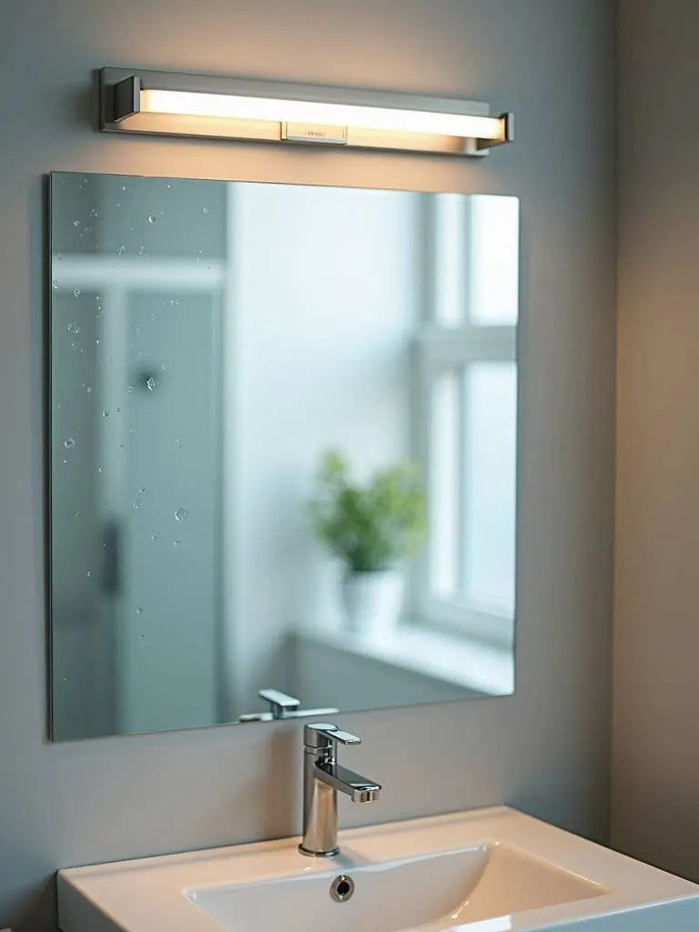 Damp-rated LED light bar above a bathroom mirror, emphasizing bathroom lighting safety