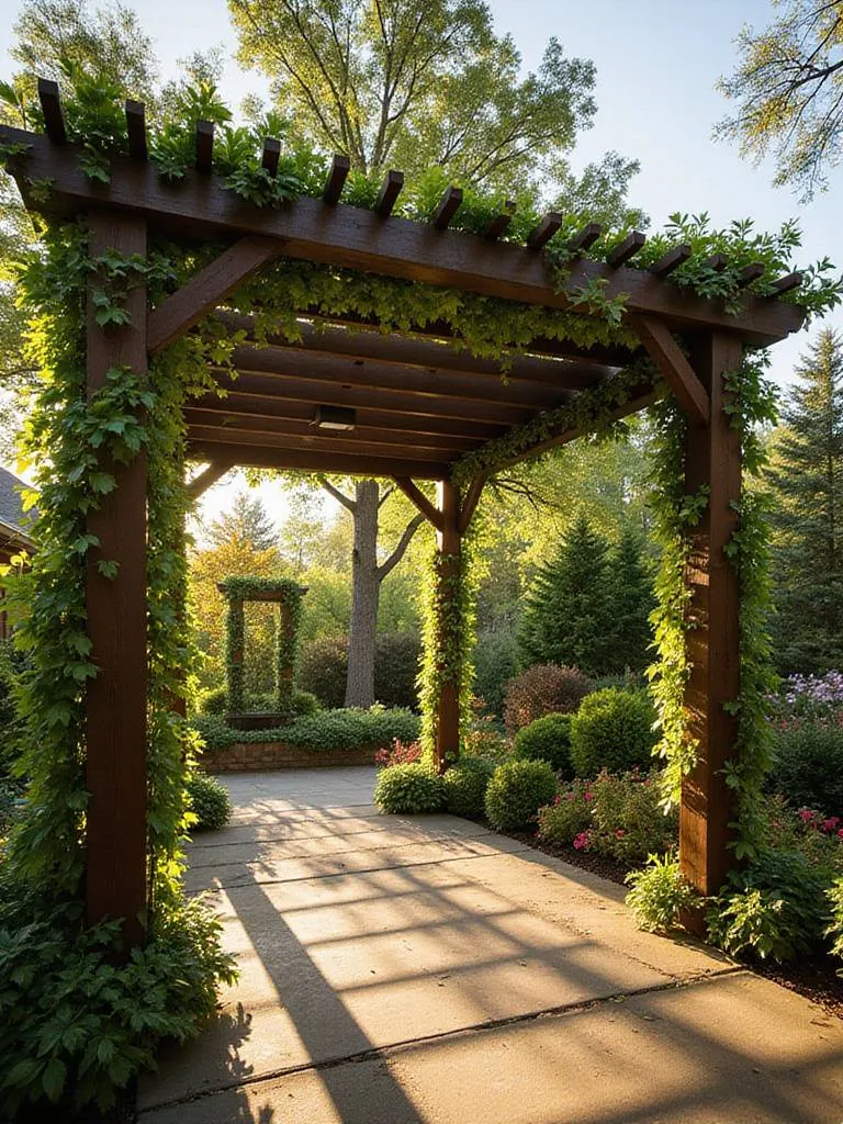 Durable Ipe wood pergola with climbing vines in a garden setting.