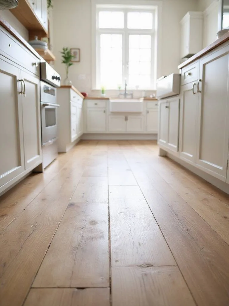 Farmhouse kitchen with wide plank wood flooring.