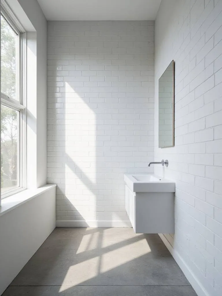 Small bathroom featuring horizontal white subway tiles to create a sense of width.