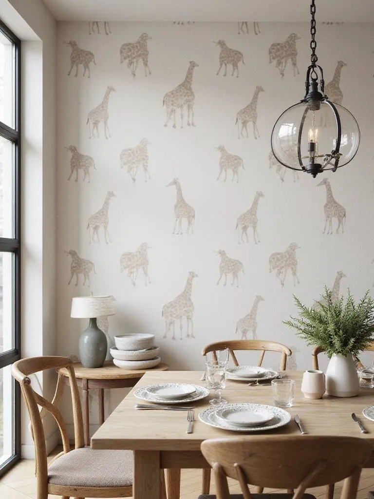 Dining room with giraffe print wallpaper accent wall