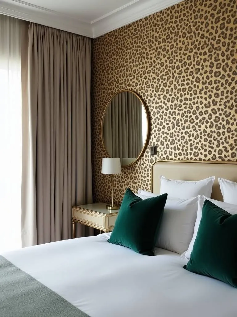 Bedroom with leopard print accent wall and luxurious emerald green and gold accents.
