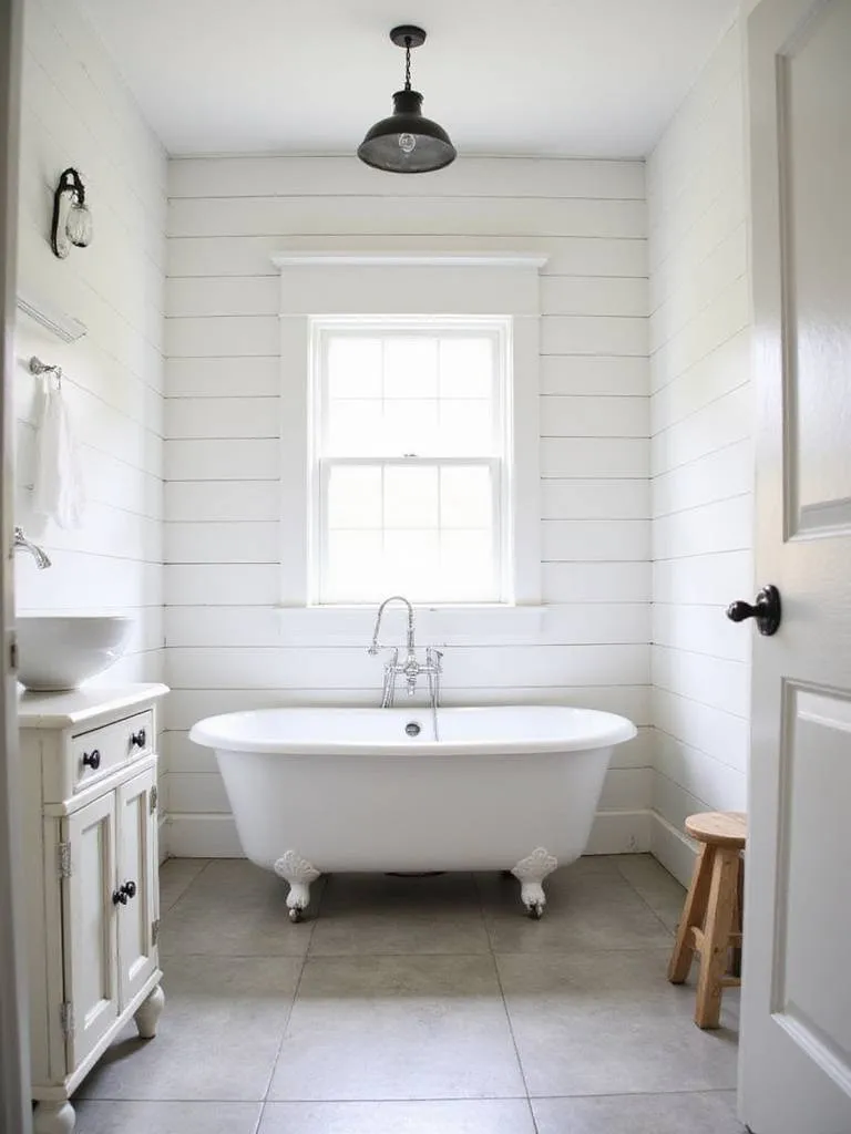 Farmhouse bathroom with white shiplap walls and clawfoot tub