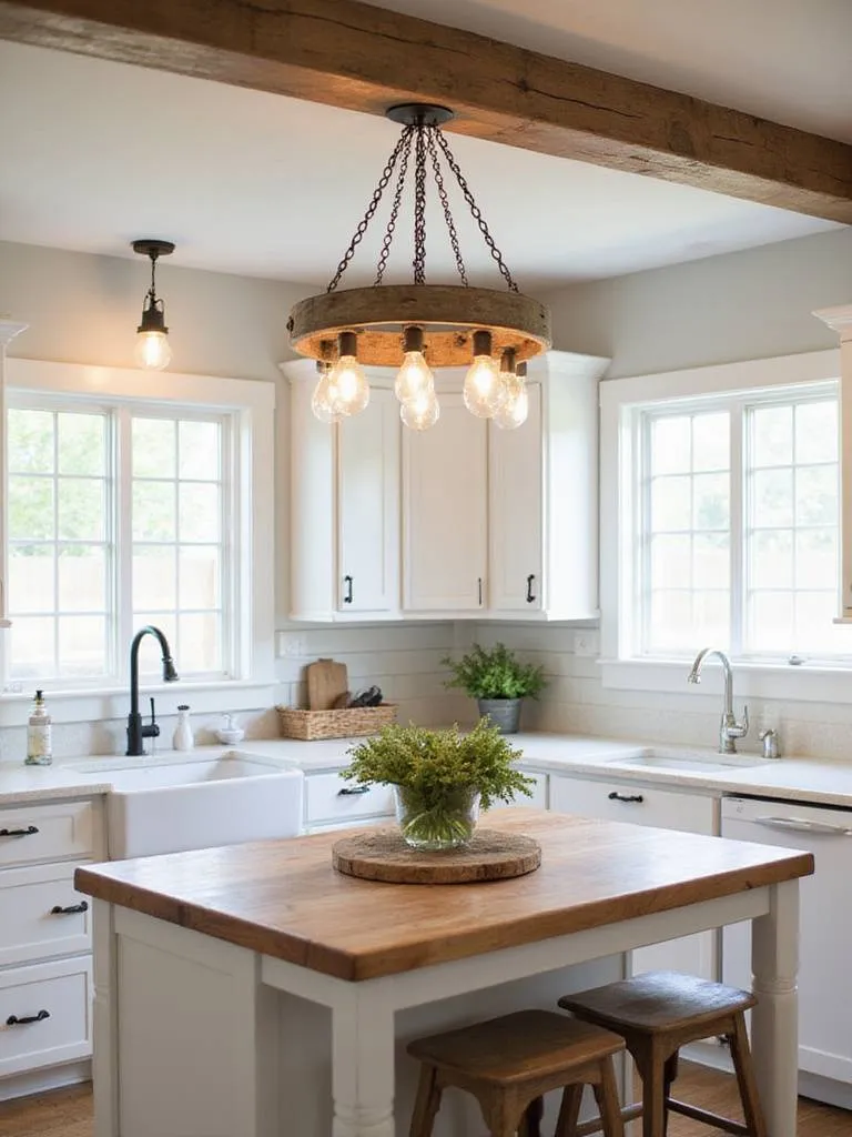 Farmhouse kitchen with white cabinets and a wagon wheel chandelier.