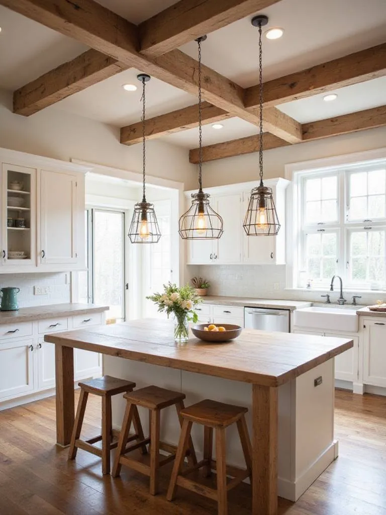 Rustic pendant lights illuminating a farmhouse kitchen island