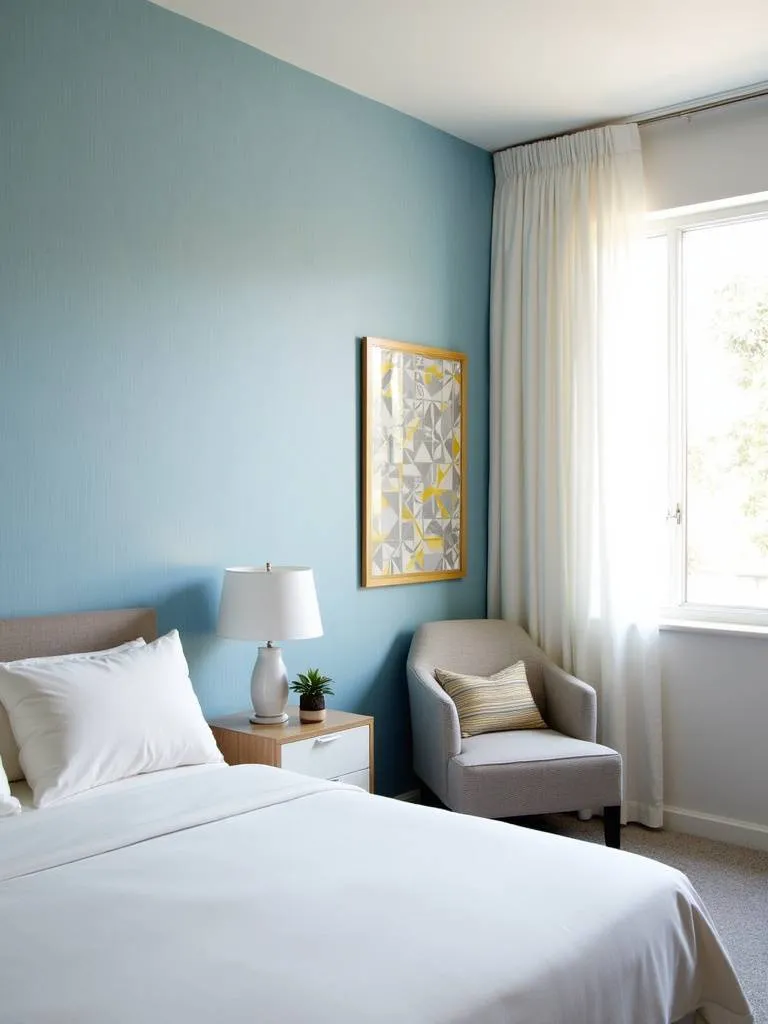 Bedroom interior design showcasing zoning with wallpaper: blue textured wallpaper behind bed, geometric wallpaper in office area.