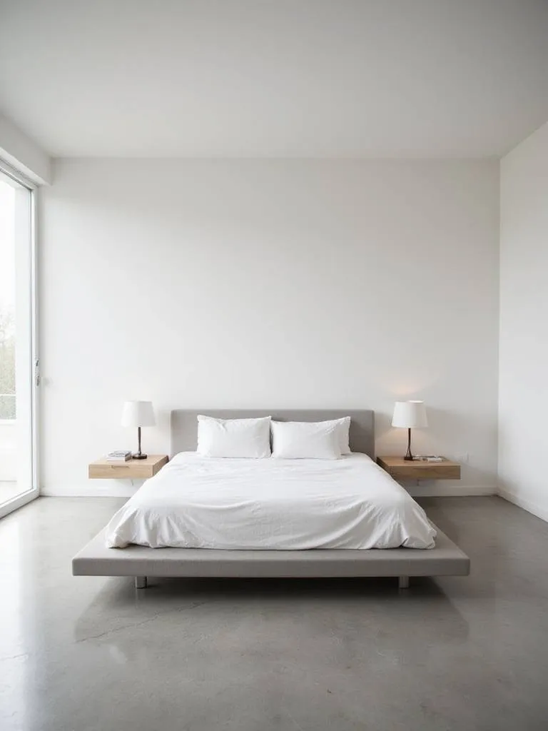 Modern minimalist master bedroom with platform bed, floating nightstands, and natural light.
