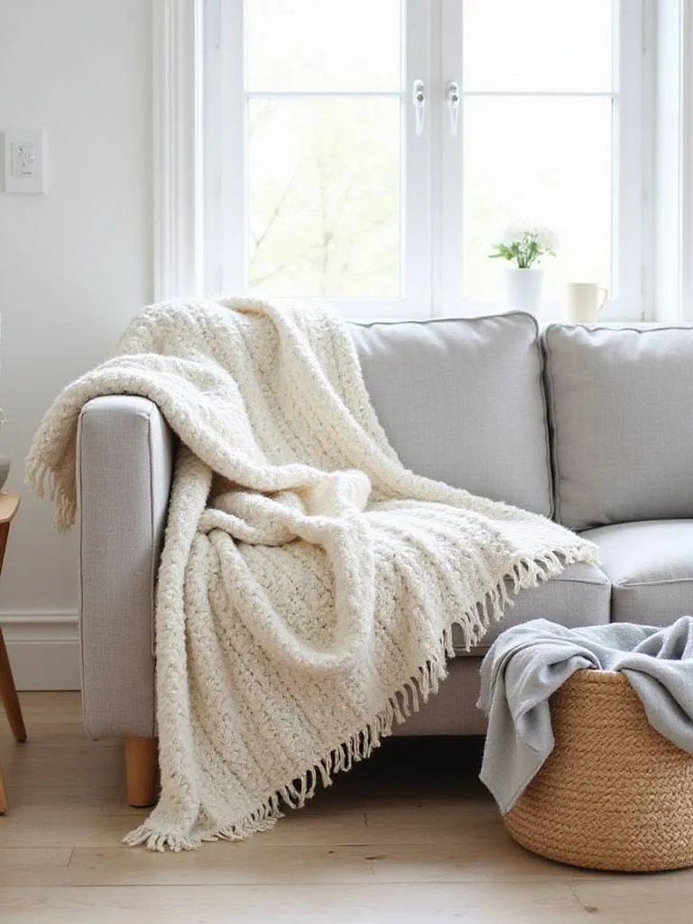Scandinavian living room with cozy throw blankets draped over sofa and armchair