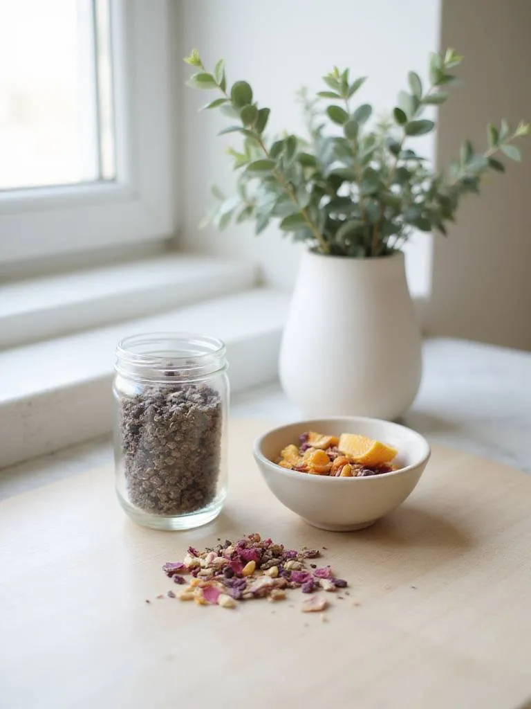Dried lavender, rose petals, citrus peels, and eucalyptus leaves displayed in a serene bathroom setting.
