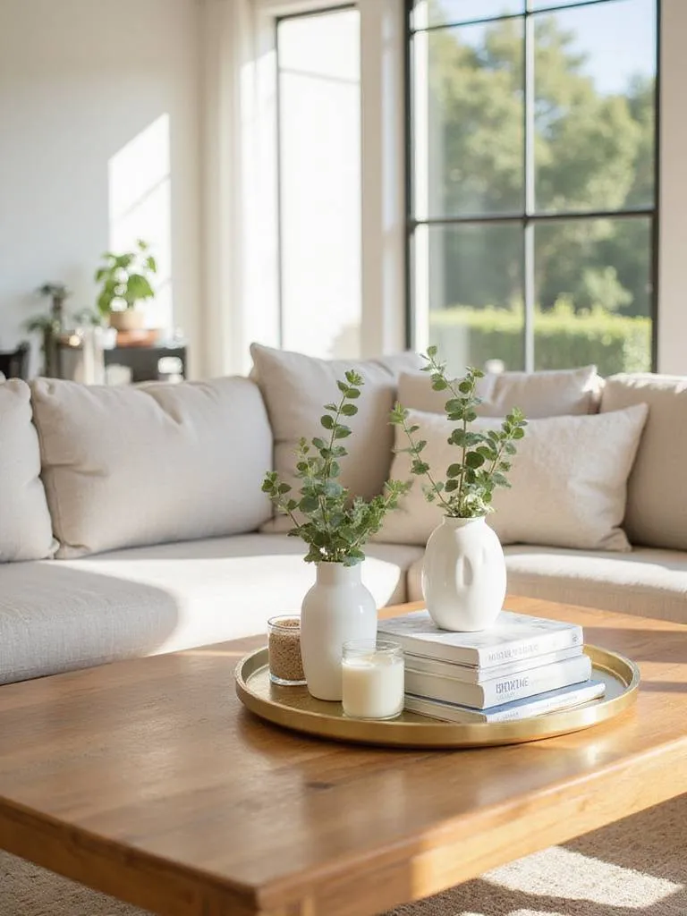 Living room coffee table vignette with decorative tray, vase, books, and candle.