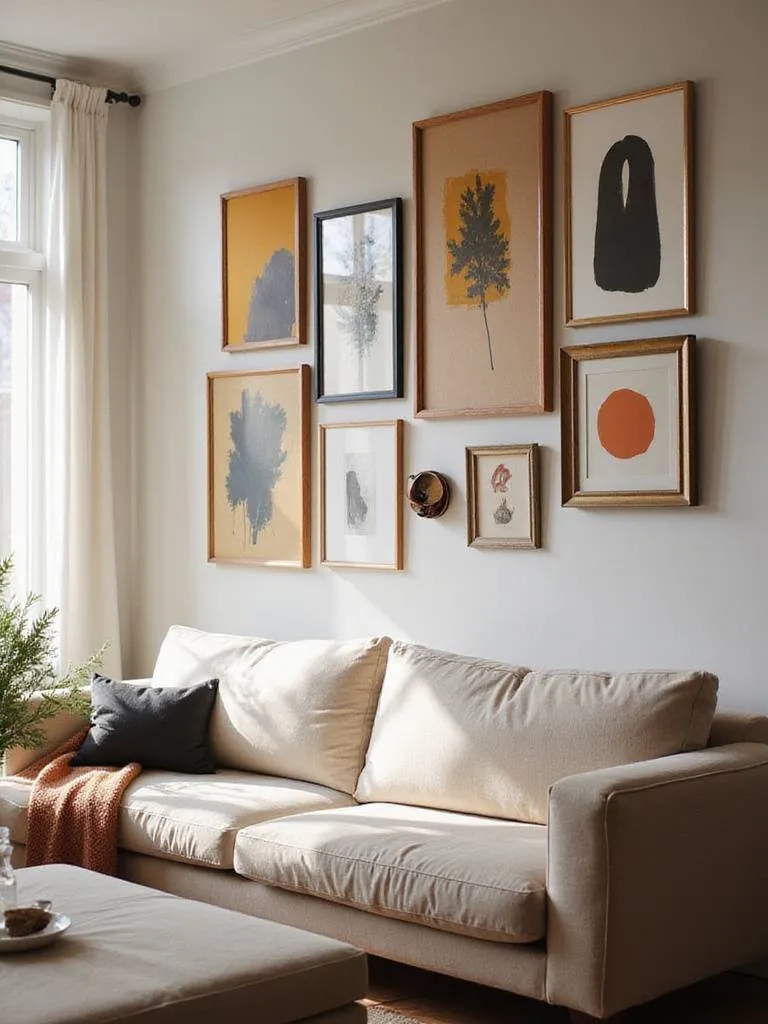 Modern living room with a gallery wall featuring abstract art prints and photographs.