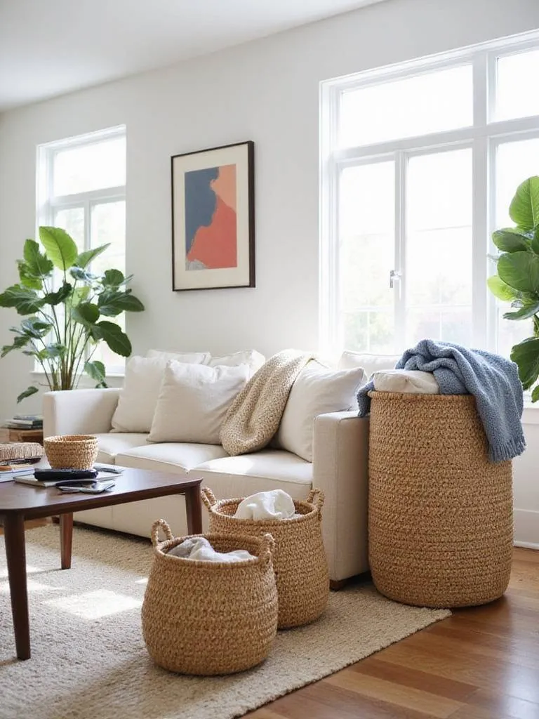 Living room with stylish woven baskets used for blanket and accessory storage.