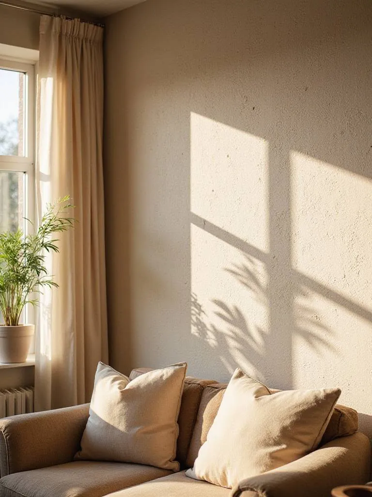 Cozy living room with a textured Venetian plaster wall.