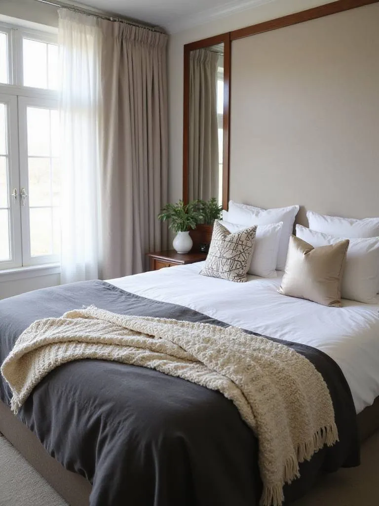 Luxurious master bedroom with plush bedding and textured throw blanket for a warm and inviting retreat.