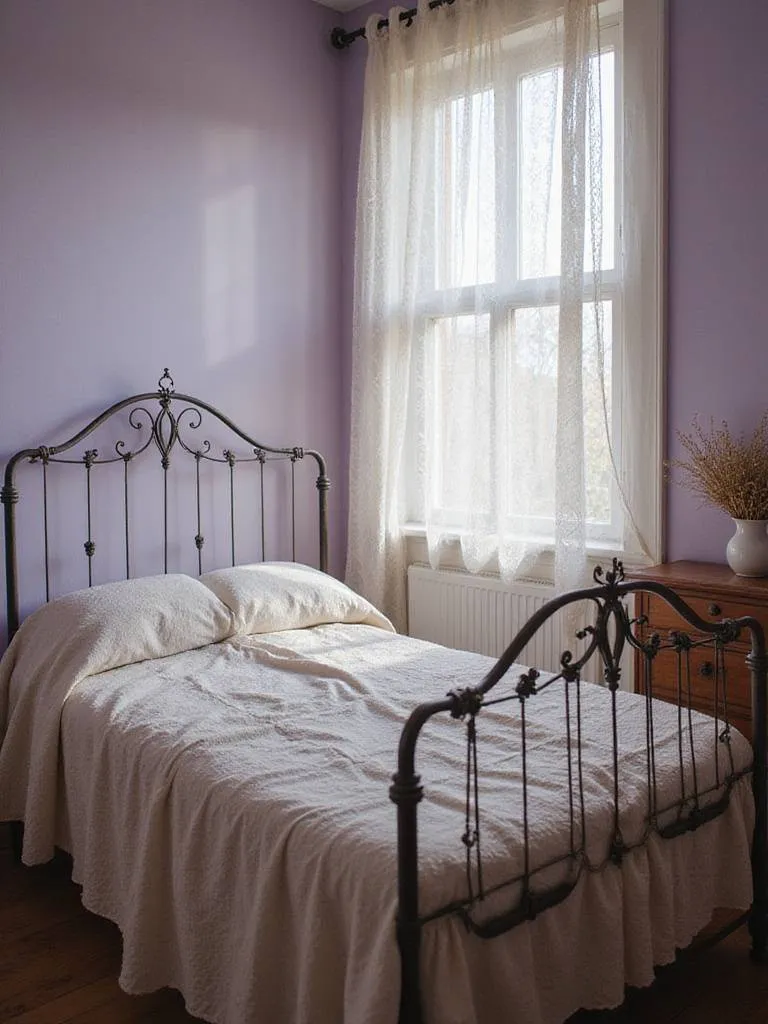 Vintage bedroom with lace curtains and crocheted blanket