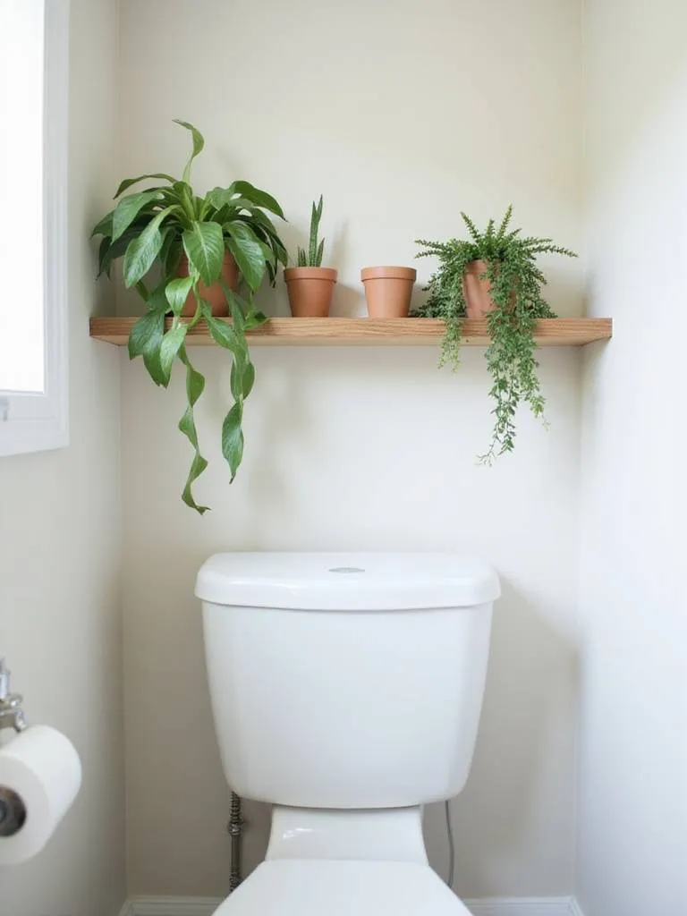 Bathroom shelf over toilet styled with a collection of small potted plants, including snake plant, pothos, and ZZ plant.