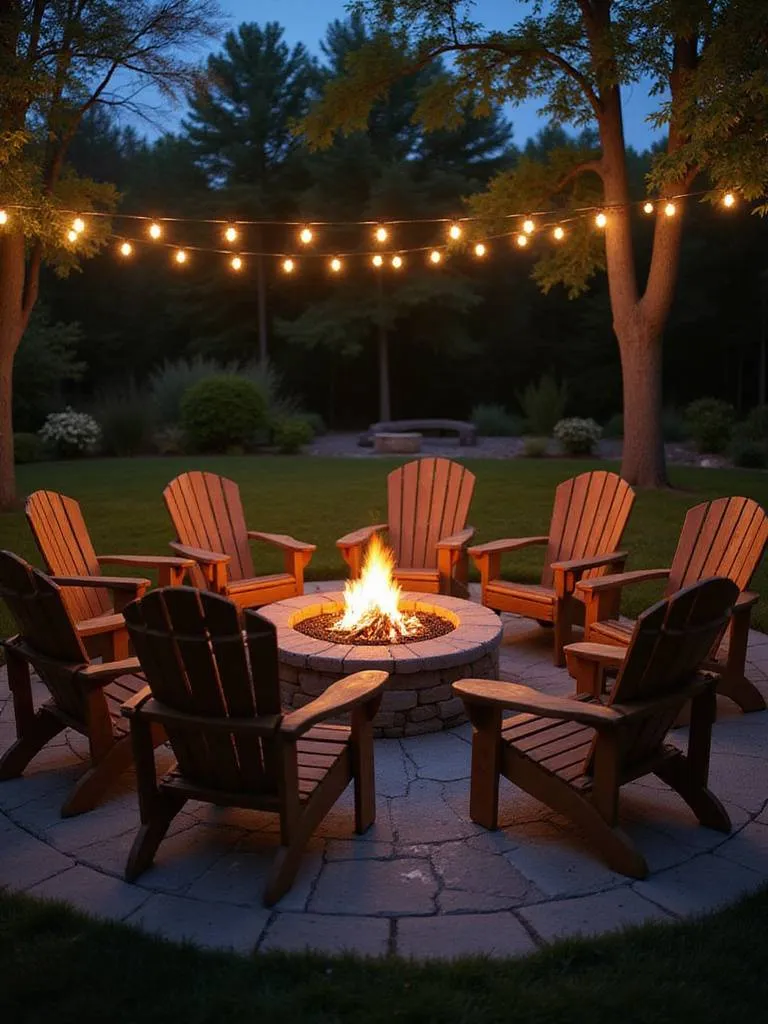 Adirondack chairs around a fire pit at dusk