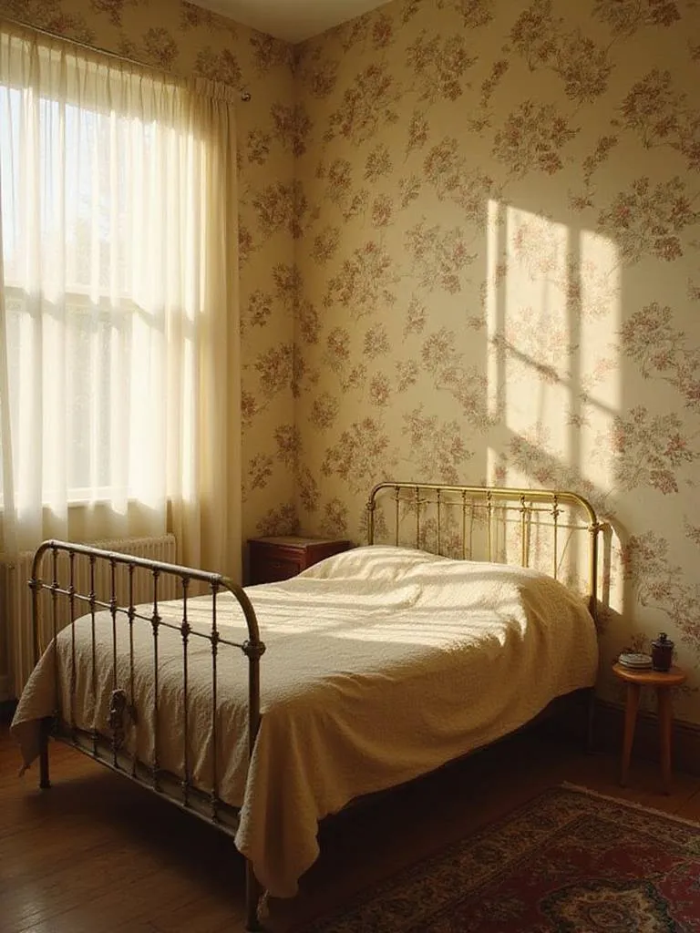 Vintage bedroom with floral wallpaper accent wall