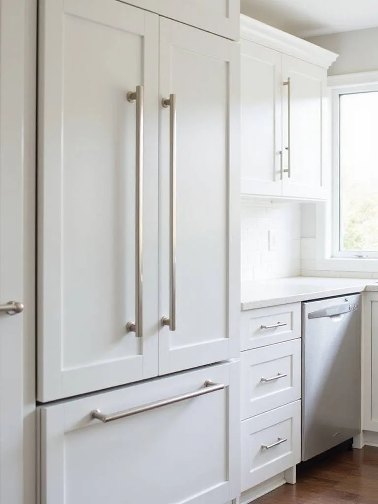 Modern kitchen with white cabinets featuring integrated appliances with matching brushed nickel appliance pulls for a cohesive design.