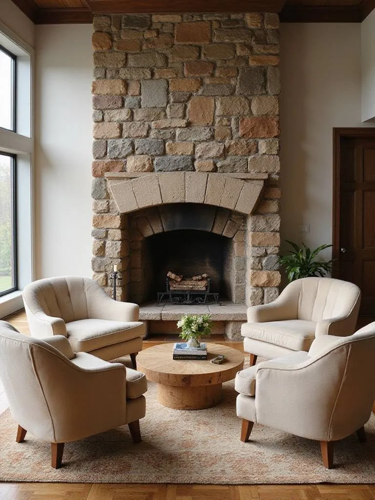 Cozy living room with a stone fireplace and a seating circle of plush armchairs on a patterned rug.