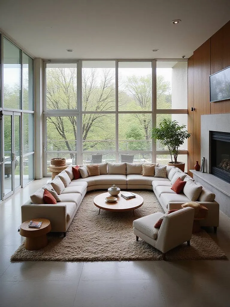 Modern living room furniture arrangement promoting easy conversation and smooth traffic flow.