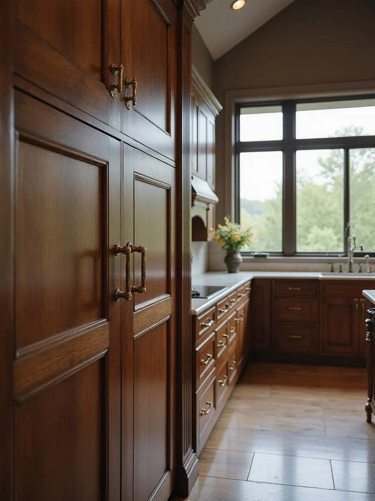 Luxury kitchen with dark wood cabinets and brass designer hardware