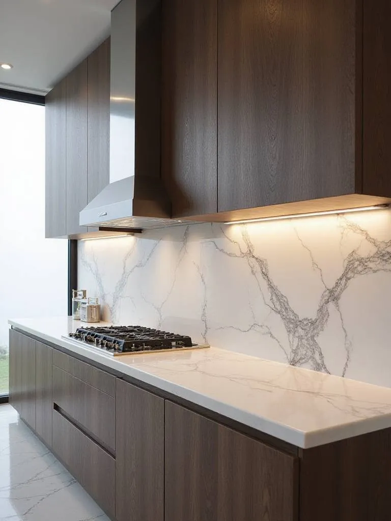Luxury kitchen with book-matched Calacatta marble backsplash