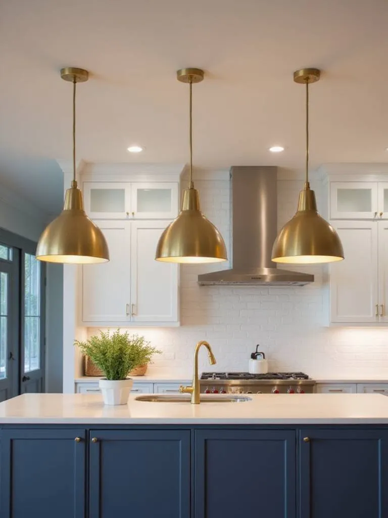 Kitchen island with three gold pendant lights providing warm and inviting illumination.