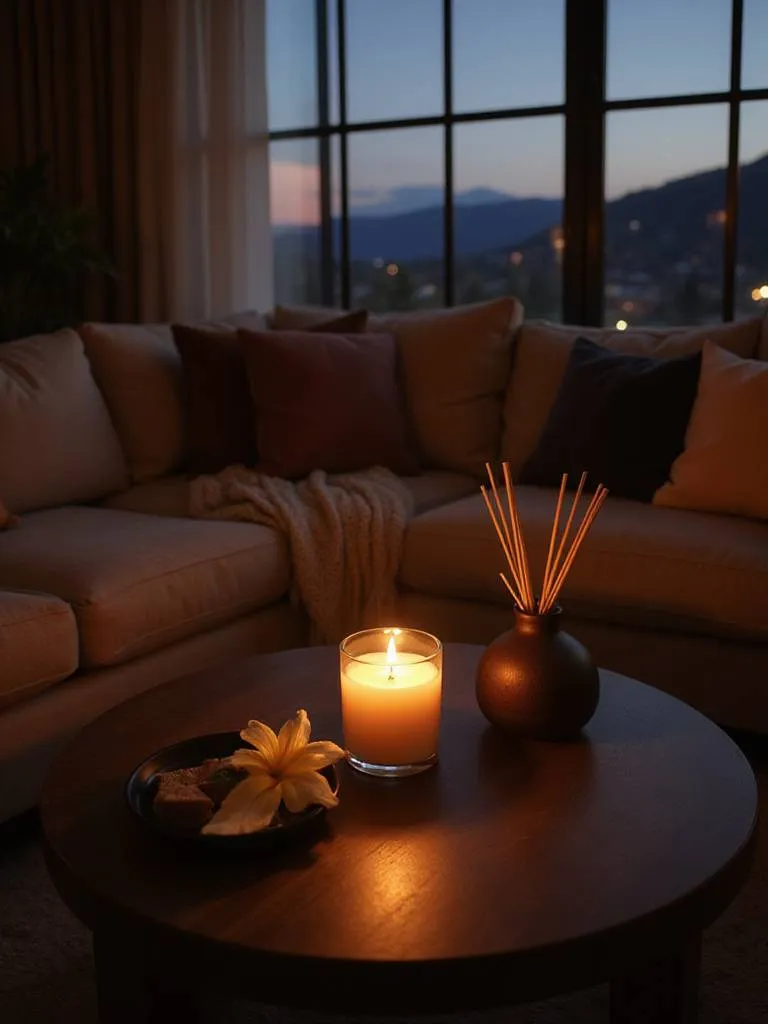 Cozy living room with candles and diffuser creating a relaxing atmosphere