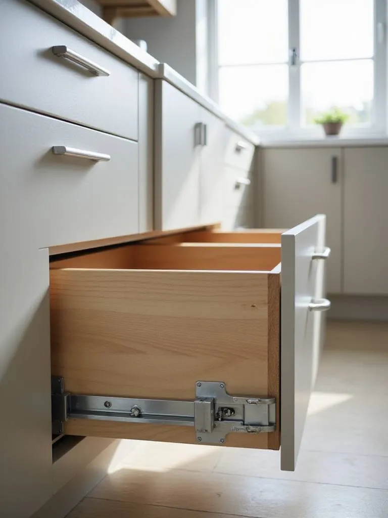 Kitchen cabinet lower drawers partially open, revealing silver ball-bearing drawer slides mounted on the sides, demonstrating smooth operation and modern design.