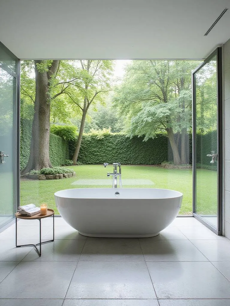 Luxurious bathroom with a freestanding bathtub as the centerpiece, featuring a garden view.