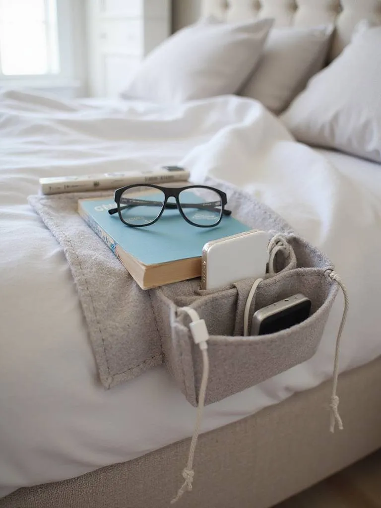 Bedside caddy with book, glasses, remote, and charging cable for organized bedroom storage.
