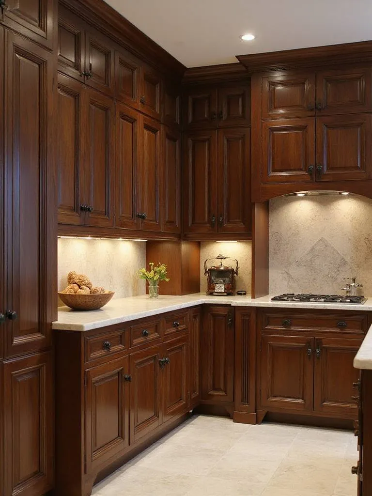 Luxurious kitchen with bespoke walnut cabinetry and marble countertops.
