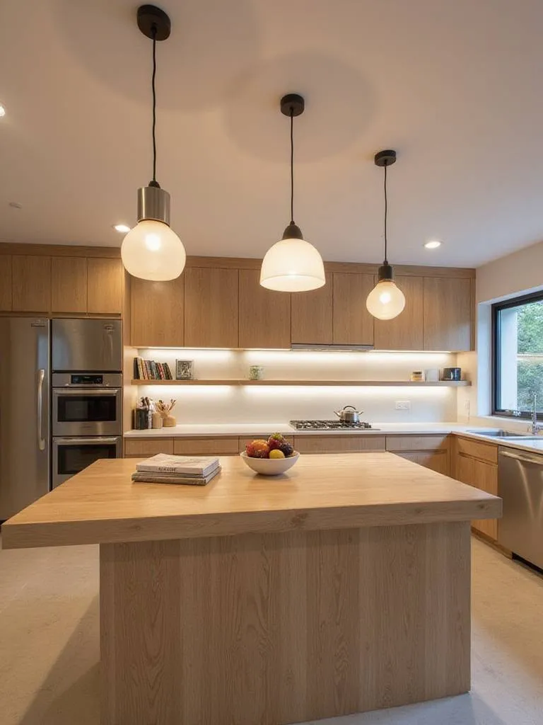 Functional and stylish kitchen island lighting with pendant lights, recessed lighting, and under-cabinet lighting.