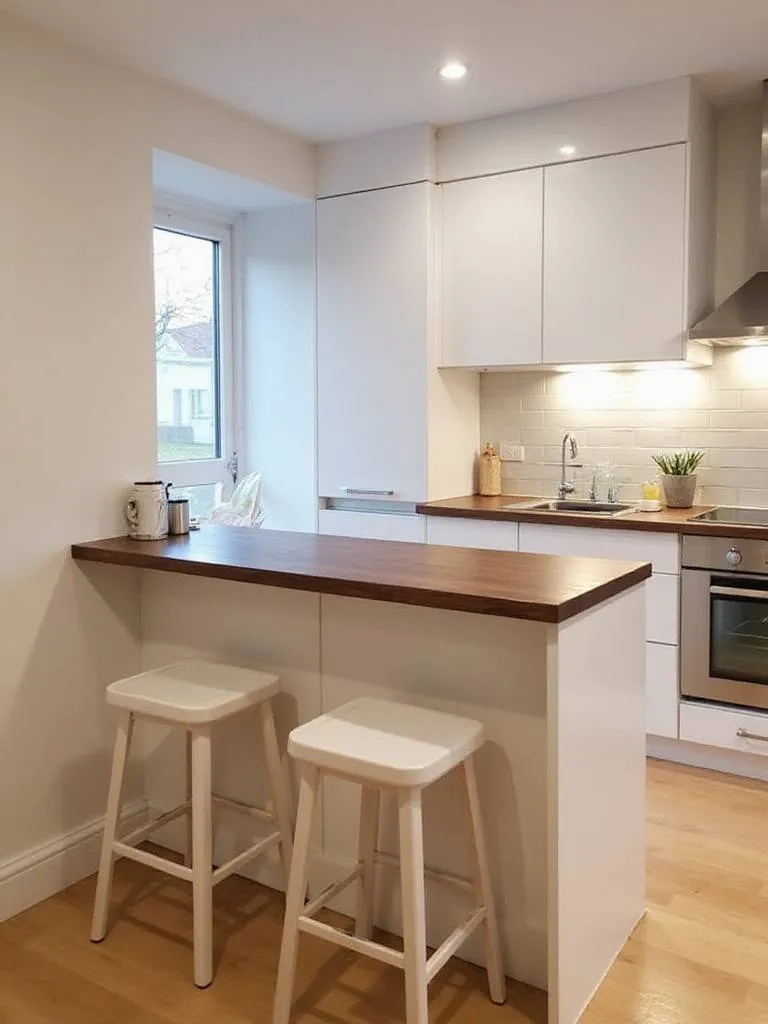 Small kitchen design with white peninsula breakfast bar and backless stools