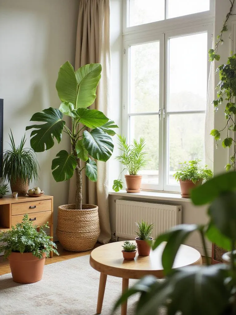 Cozy living room filled with lush green plants, creating a relaxing and inviting atmosphere.