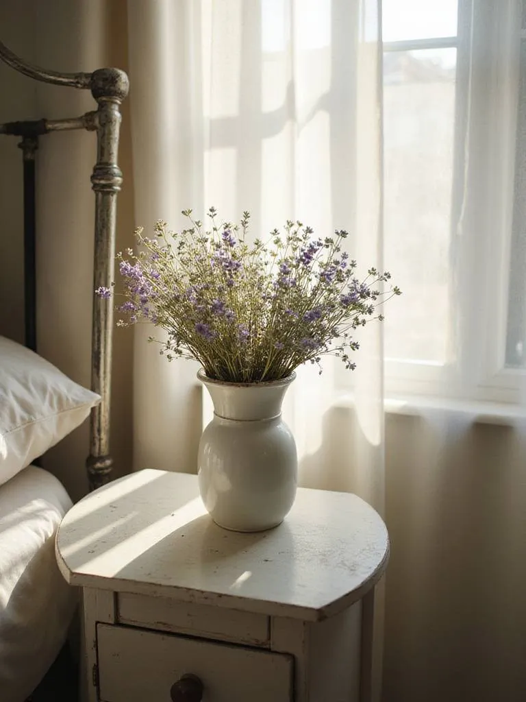 Dried lavender and baby's breath in a vintage milk glass vase on a nightstand in a vintage bedroom.