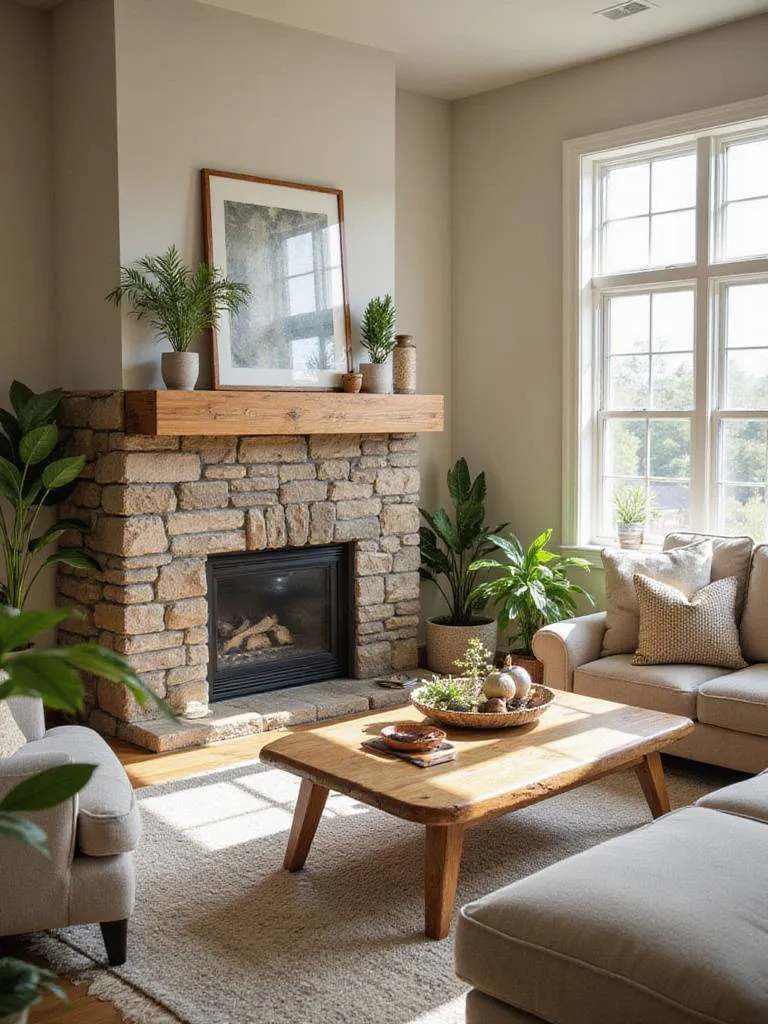 Living room with stone fireplace and wooden accents, creating a warm and inviting atmosphere.
