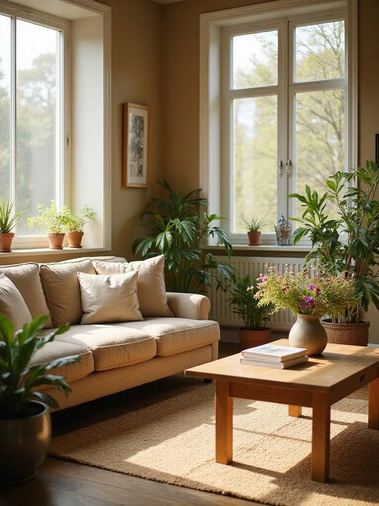 Cozy living room with natural light, plants, and earthy textures for a grounded feel.