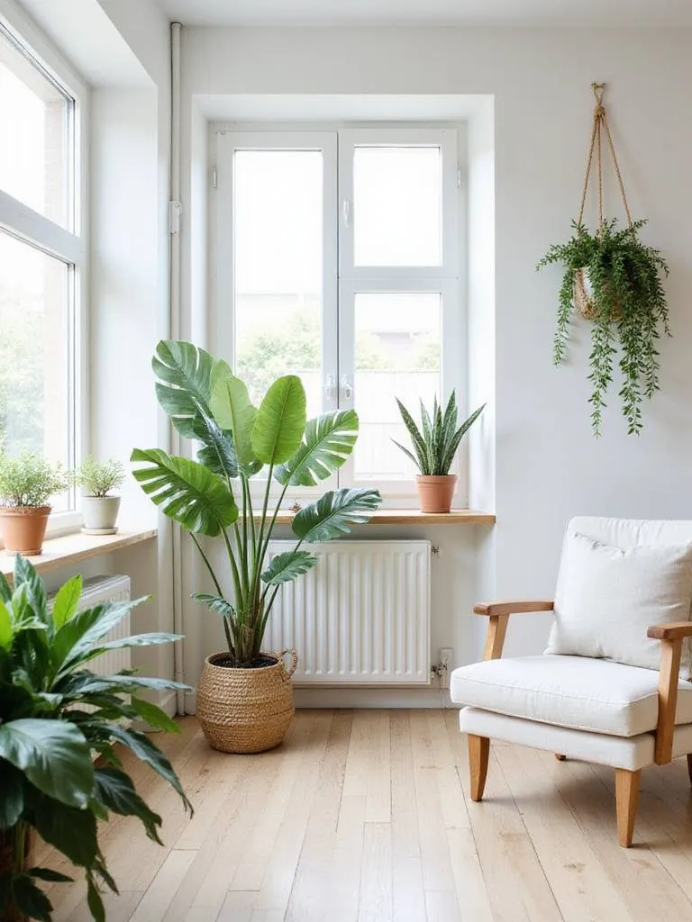 Scandinavian living room with houseplants, showcasing bright and airy design