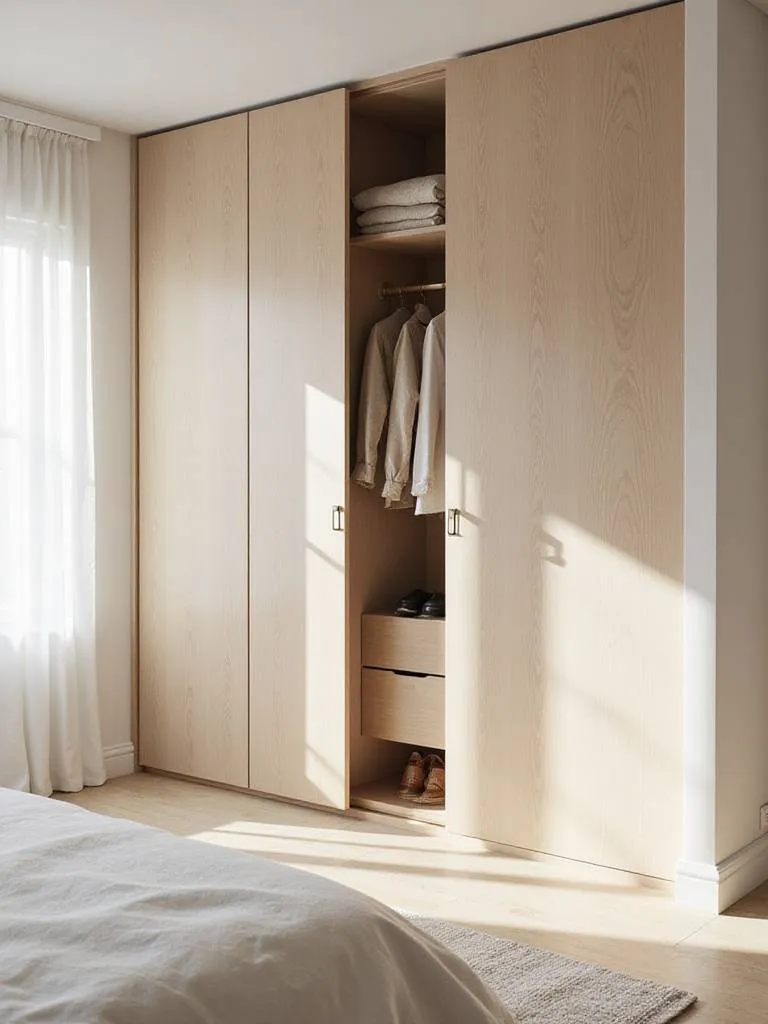 Modern bedroom with seamless built-in wardrobe providing ample storage.