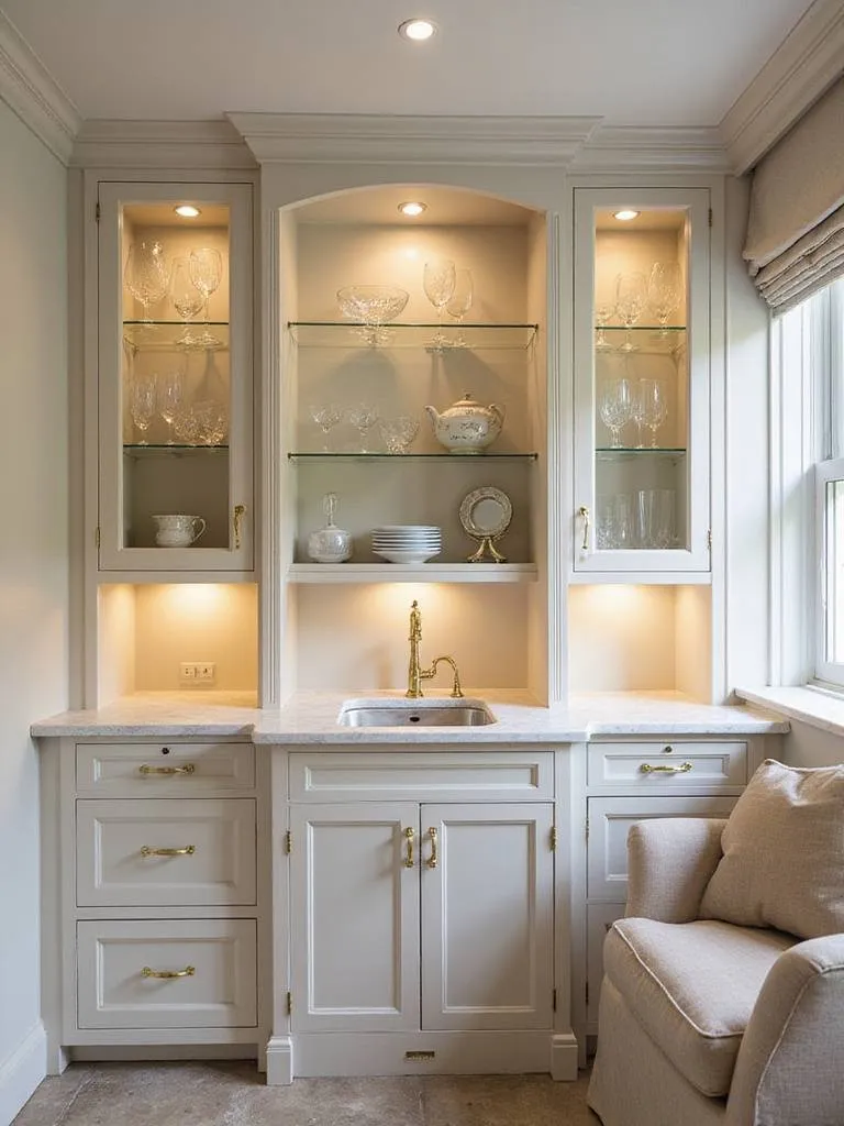 Luxurious butler's pantry with custom cabinetry and marble countertops.