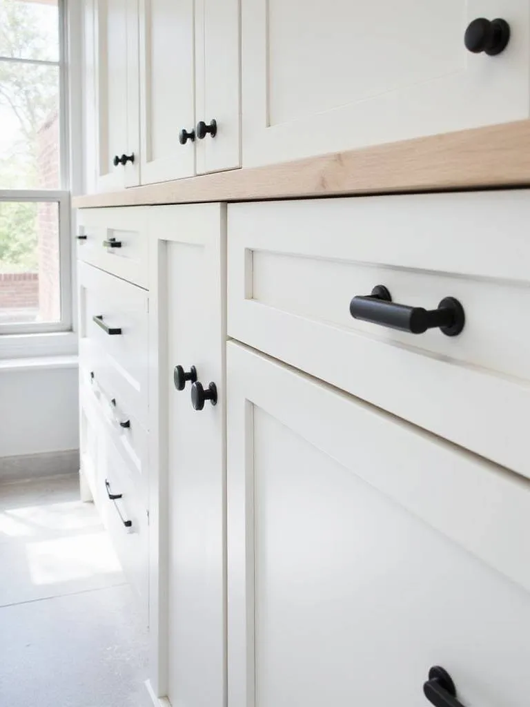 White shaker kitchen cabinets with black hardware featuring decorative circular and rectangular metal backplates.