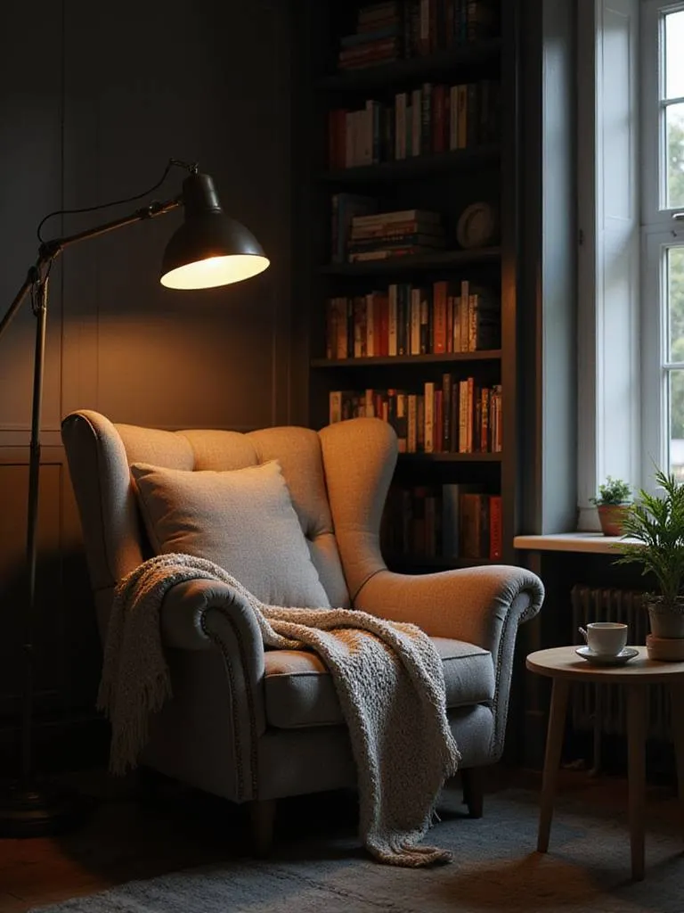 Cozy living room corner reading nook with armchair, bookshelf, and warm lighting.
