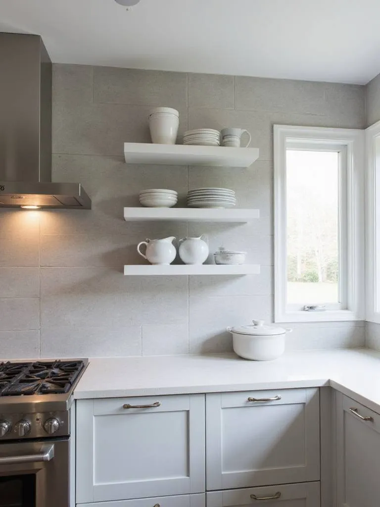 Modern kitchen with light gray, floor-to-ceiling tile backsplash