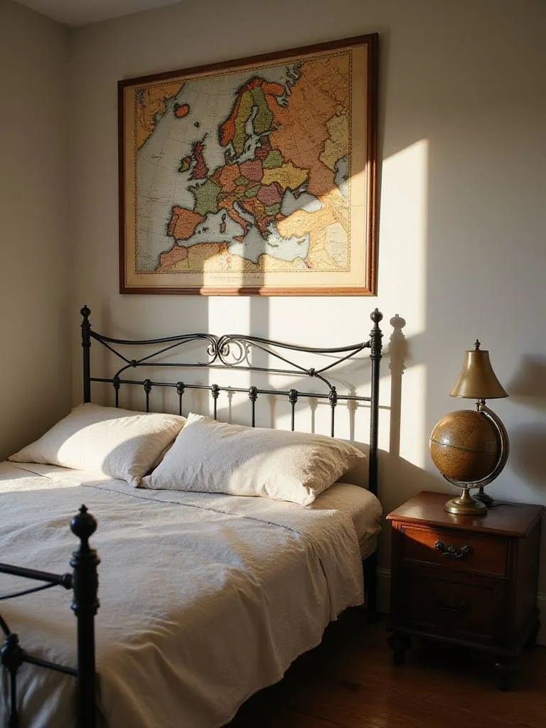 Vintage bedroom with a large framed map above the bed and a vintage globe on the bedside table.