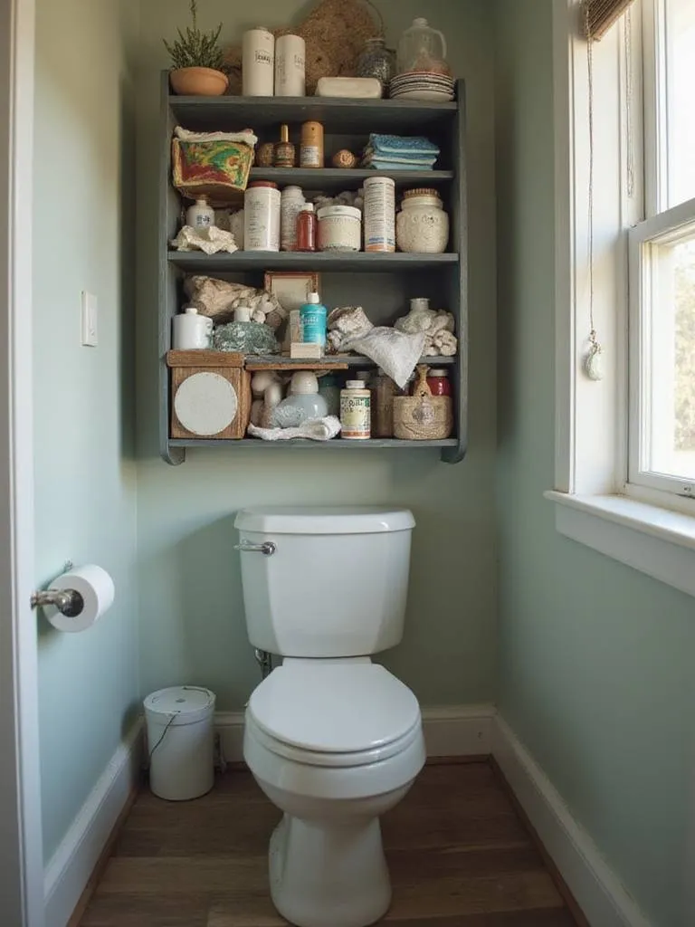 An overloaded bathroom shelf unit positioned over a toilet, with numerous items piled high, causing the shelf to sag, illustrating the importance of checking and respecting weight limits.