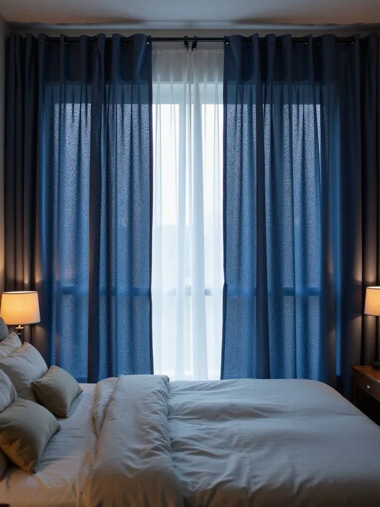 Master bedroom featuring dark blue blackout curtains for optimal sleep and privacy.